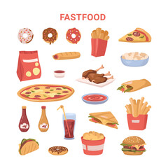 Fastfood dishes and meal products variety. Vector in flat style, donuts with chocolate glazing, french fries and pizza slice. Hot dog and burrito, soda sweet beverage and burger with chicken