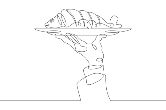recommend clip art: Sliced hot fish. Fish dish.One continuous line drawing.The waiter carries food on a tray. Food in a restaurant. A hand holds a tray. Line Art isolated white background.