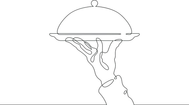 recommend clip art: The dish has a lid. Covered food tray.One continuous line drawing.The waiter carries food on a tray. Food in a restaurant. A hand holds a tray. Line Art isolated white background.