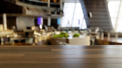 Empty wood table in a large restaurant mock up, blurred background