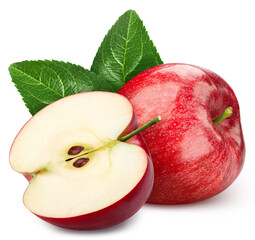 Isolated apple half with leaf. Red apple fruit on white background with clipping path. As design element.