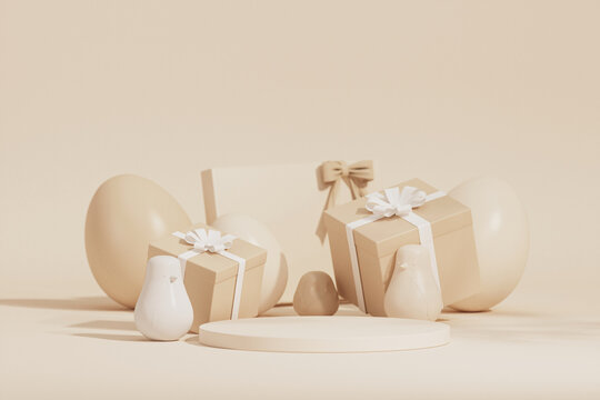 Easter eggs podium with 3d render vector in pastel cream and beige background. Easter day with gifts box and geometry platform for product.  Stage showcase on pedestal display.	
