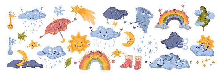 Childish cute weather characters with smiling facial expressions. Vector in flat style, rainbows and rain, umbrella and cloud, sun and stars, mood and tornado. Heat and chilly temperatures