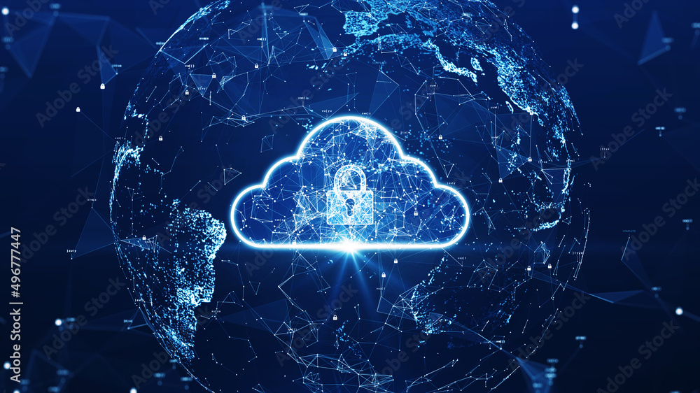 Poster cloud computing technology database security concept Backup transfer. There is a large cloud icon prominently in the center of the abstract world and polygon with a dark blue background.