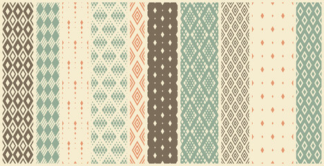 Rhomb seamless geometric vector pattern set, rhombus simple black and white wallpaper background, ethnic folk embroidery or carpet style image collection.