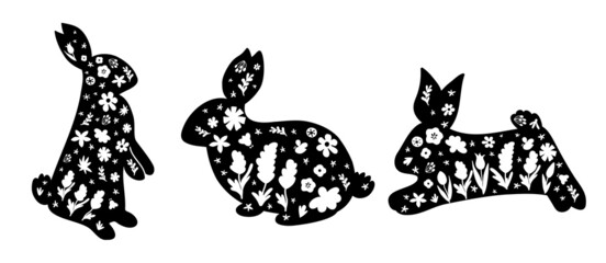 Floral Easter Bunny Silhouette set. Happy Easter cute black rabbits shape collection. Farmhouse animal design. Cartoon folk bunny Happy Easter party. Easter party elements isolated illustrations.