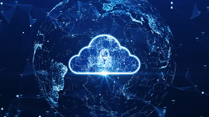 cloud computing technology database security concept Backup transfer. There is a large cloud icon prominently in the center of the abstract world and polygon with a dark blue background.