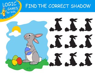 Find the correct shadow the Easter Rabbit. Cute cartoon rabbit on lawn. Colorful background. Educational matching game. Logic Games for Kids. Learnig card with funny character Bunny. Task with answer.