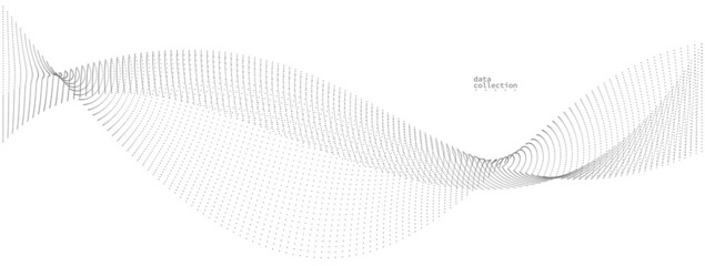 Fototapeta premium Light grey abstract background, vector wave of flowing particles, curvy lines of dots in motion, technology and science theme, airy and ease futuristic illustration.
