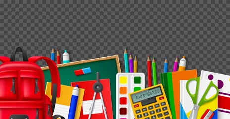 Back to school tools border. Realistic learning supplies. Students stationery and transparent background. Frame composition. Backpack and pencils. Children accessories. Vector concept