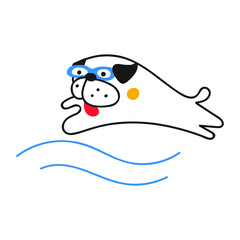 Pug jump into water. Outline vector illustration on white background.