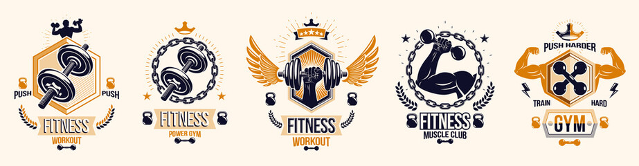Gym fitness sport emblems and logos vector set isolated with barbells dumbbells kettlebells and muscle body man silhouettes and hands, athletics workout sport club, active lifestyle.