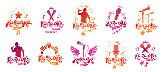 Karaoke party or club logos and emblems vector set isolated, singing music nightlife entertainment weekend theme, microphones and musical notes compositions.