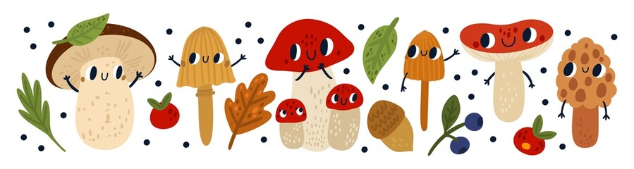 Cute mushrooms characters. Funny anthropomorphic fungi. Cartoon edible and poisonous forest organisms with faces and hands. Autumn leaves and berries. Vector woodland fungus mascots set © VectorBum