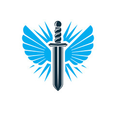Vector graphic illustration of sword created with bird wings, battle and security metaphor symbol. Seraph vector emblem.