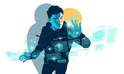 Teenager boy controls HUD virtual interface vector illustration, futuristic concept school student studying, future teen technology theme. - obrazy, fototapety, plakaty