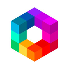 Colorful 3D cube made of small cubes. Rainbow cubical shape. Place for text in the middle. Polygonal geometric shape object. Abstract logo design element. Vector illustration, isometric, clip art. 