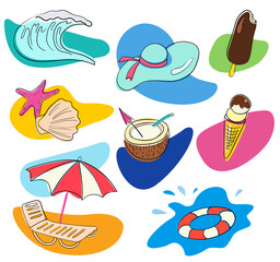 Summer label elements of a beach holiday. Set of vector icons on the theme of vacation and travel: ice cream, starfish and shell, coconut, sun hat, umbrella and deck chair, wave, lifebuoy.