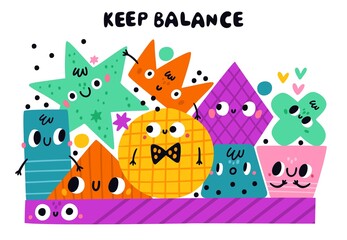 Geometric figures faces. Funny balancing shapes group. Cartoon basic characters. Colorful objects with happy smiles. Abstract forms composition. Doodle polygons and circles. Vector concept