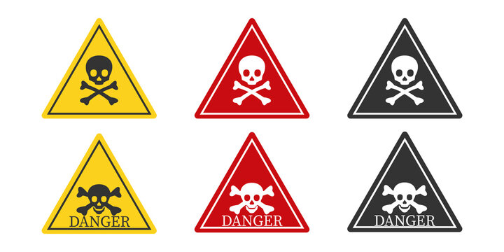  Skull and bones danger icon. Yellow, res and black sign symbol. Warning logo vector.