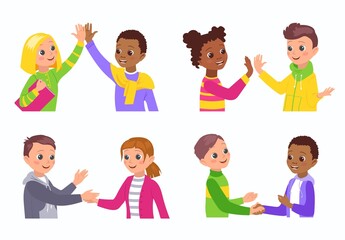 Kids greeting gesture. Girls and boys welcoming each other. Acquaintance and friendly relations. Giving five. Shaking hands. Saluting smiling friends. Vector gesturing children set