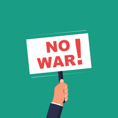 No war protest. Human on protest.  Posters up. Concept of revolution and conflict. Vector illustration flat design. Slogan on a poster.