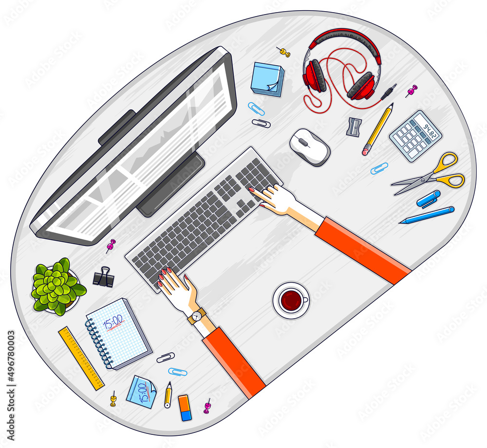 Poster work desk workspace top view with hands of office worker or entrepreneur, pc computer and a lot of d