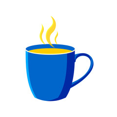 Blue cute mug of hot tea or coffee isolated on white background in flat design style. 