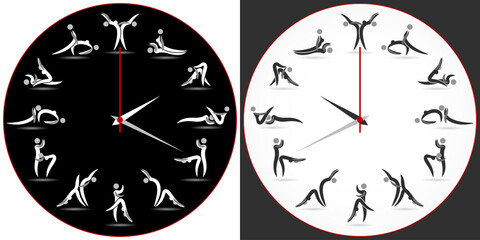 Clock Sex Positionon on black and gray background set. Kama Sutra Sex Poses. Yoga time to sex. Vector illustration