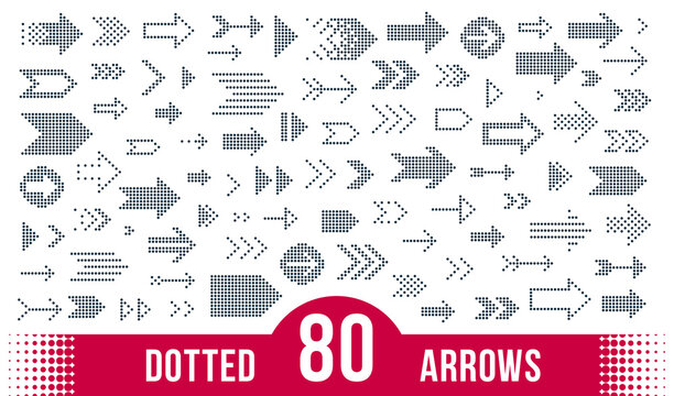 Dotted arrows big vector set of icons or logos, collection of direction cursors made with dots, perforated symbols, different shapes arrows for graphic design usage.