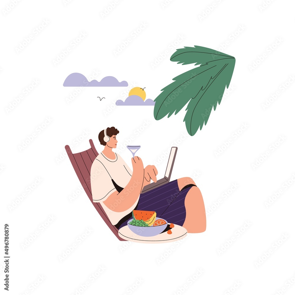 Aufkleber man working online at laptop computer on beach in summer. freelance worker during remote work via in
