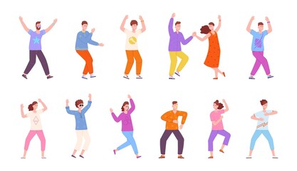 Funny friends dancing. People dance party, woman and man excited, person dancer enjoy music, club young dancers, male and female group celebrate concert, cartoon splendid vector