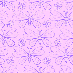 Vector seamless pattern of outline cute butterflies and flowers in doodle style. Glade, forest edge. Bright background and texture on theme of nature, spring, summer, children print, isolated
