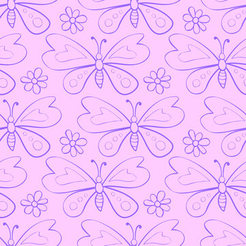 Vector seamless pattern of outline cute butterflies and flowers in doodle style. Glade, forest edge. Bright background and texture on theme of nature, spring, summer, children print, isolated