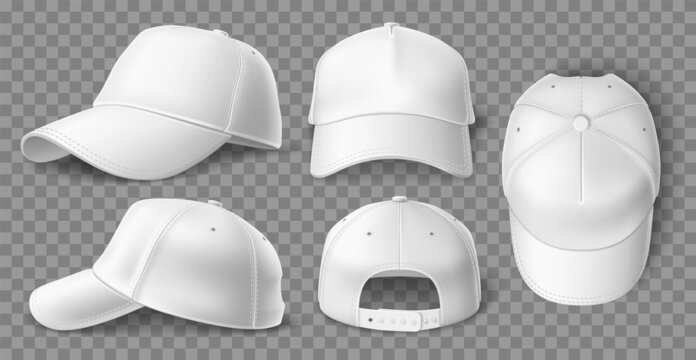Realistic white baseball cap mockup. 3D sports headgear with sun protection visor. Blank clothing element. Different view angles. Empty headdress template. Vector basic unisex hats set