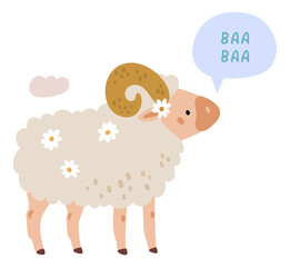 Sheep talking. Farm animal saying sound baa