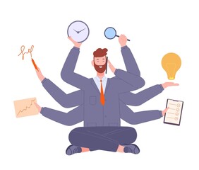 Multitasking businessman. Effective worker active working with crowd tasks, fast smart talented entrepreneur, multi skill office manager meditating, splendid vector illustration