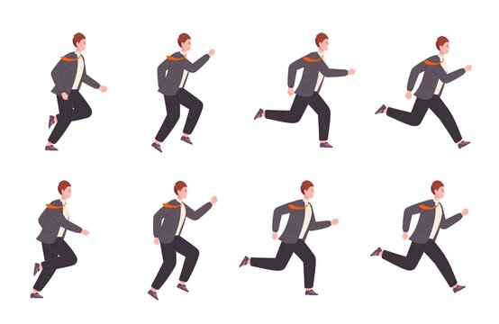 Running businessman animation. Run business character sprite sheet loop sequence, 2d runner in suit side view cycle movement of office manager