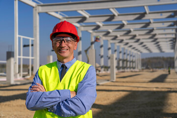 Smiling Construction Manager Standing In Front Of Industrial Building Under Construction. Happy Manager in Red Hardhat and Yellow Vest Looking at Camera. Portrait of Construction Foremen on Site.
