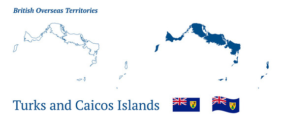 Turks and Caicos Islands map. British overseas territory in the Atlantic Ocean. Detailed blue outline and silhouette. Country flag. Set of vector maps. All isolated on white background.