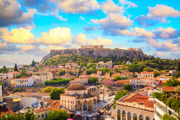 Skyline of Athens with Monastiraki square and Acropolis hill during sunset. Athens, Greece.