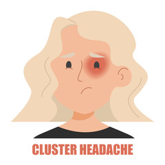 Cluster headache vector isolated. Female portrait, woman suffering from the pain in the eye. Sad face. Stressed character.