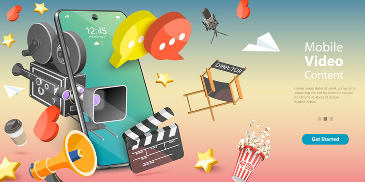 3D Vector Conceptual Illustration of Mobile Video Content, Digital Advertising and Media Marketing