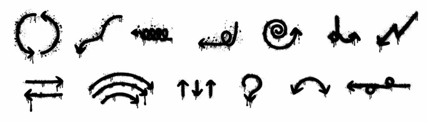 Obraz premium Set of black graffiti spray pattern illustration. Collection of arrows, circle, dripping and stroke with spray texture. Elements on white background for banner, decoration, street art and ads.
