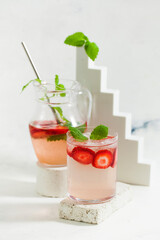 Summer drink refreshing strawberry lemonade with mint
