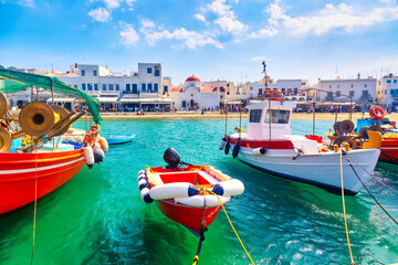 Chora port of Mykonos island with ships, yachts and boats during summer sunny day. Aegean sea, Greece - obrazy, fototapety, plakaty