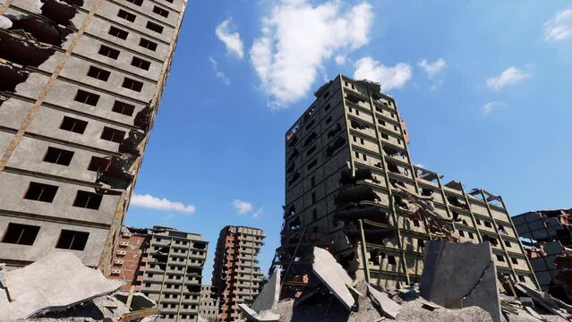 A close-up view of the damage and destruction caused to multistory residential buildings by the continuous bombing and shelling of an invading army.