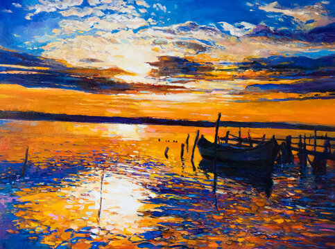 Oil painting. Sunset painting. Modern art.