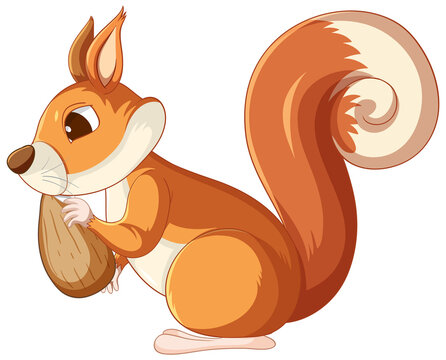 Cute cartoon squirrel eating almond on white background