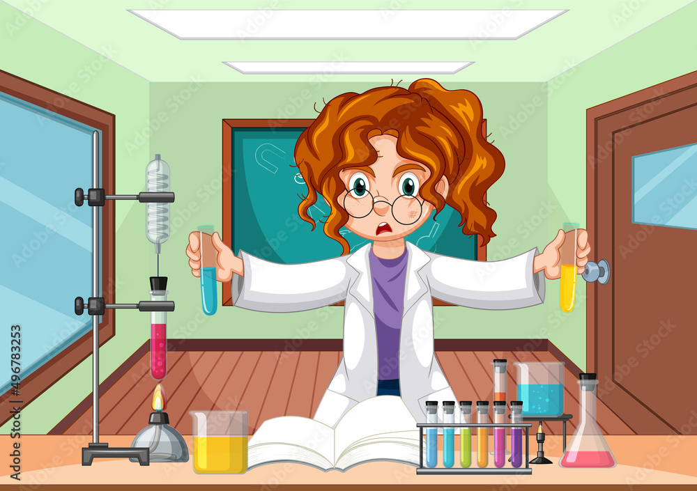 Wall mural classroom scene with scientist doing experiment